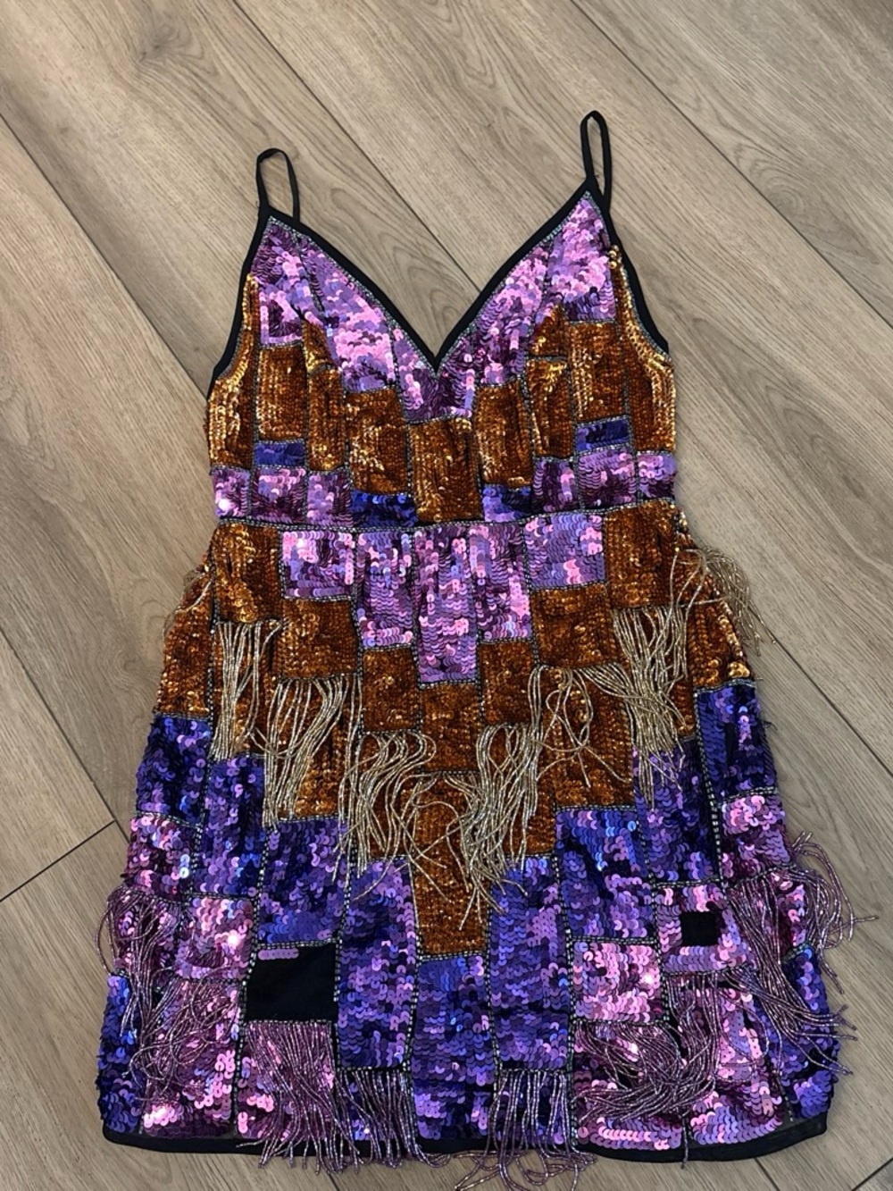 Sequined Purple & Copper Fringe Womens Party Dress